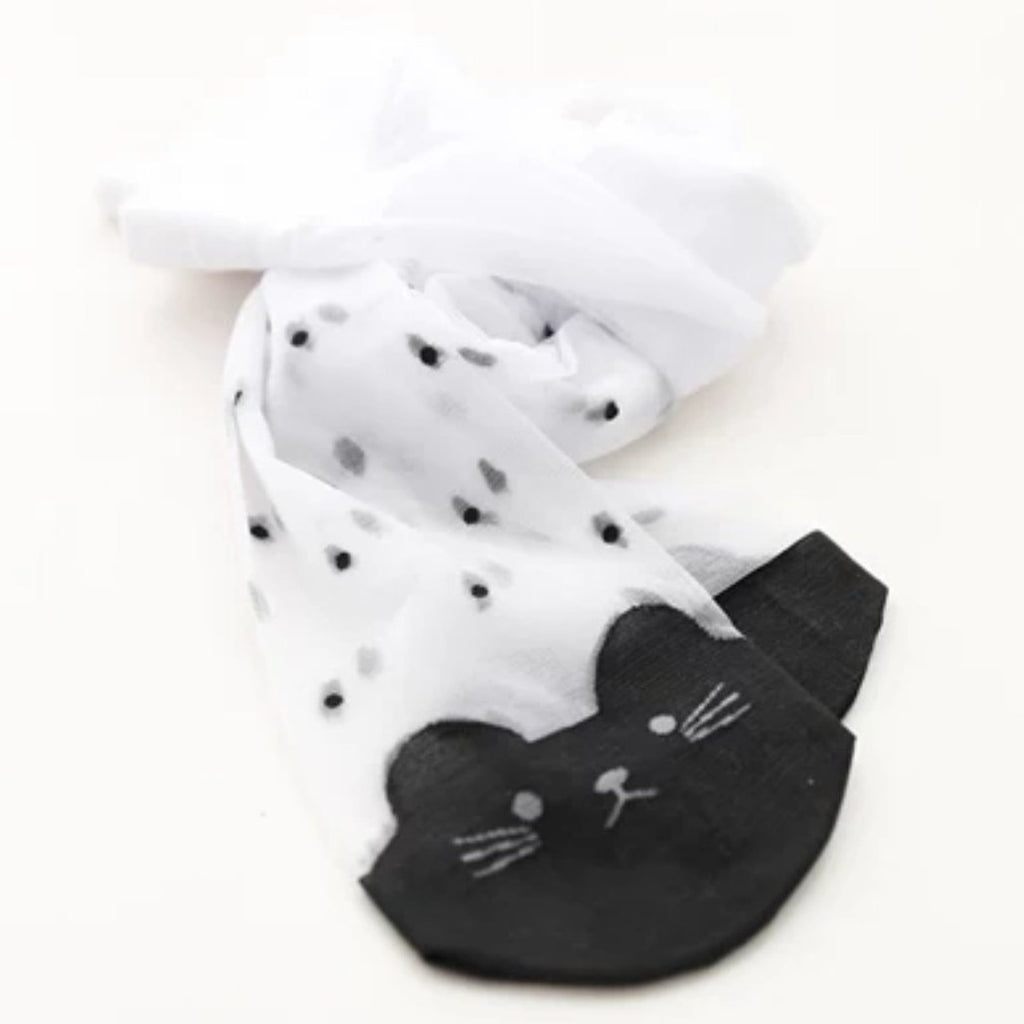 girls kitty face textured black & white tights