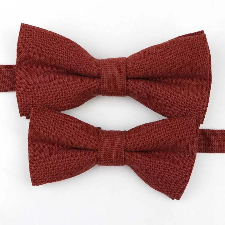 Deep red father and son matching bow ties, adjustable