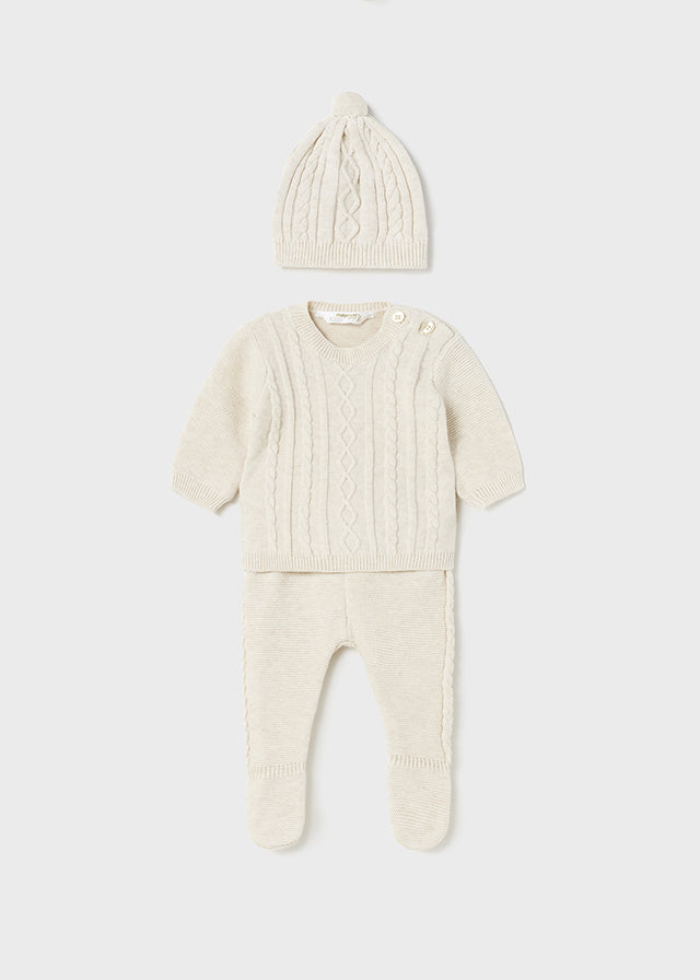 2509 Mayoral Boys Knitted Footie Sweater and Hat Set, Oat Milk Natural, Eco-friendly