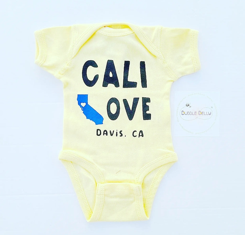 Cali Love, Davis CA Custom Print Snap Bodysuit, Sunshine Yellow