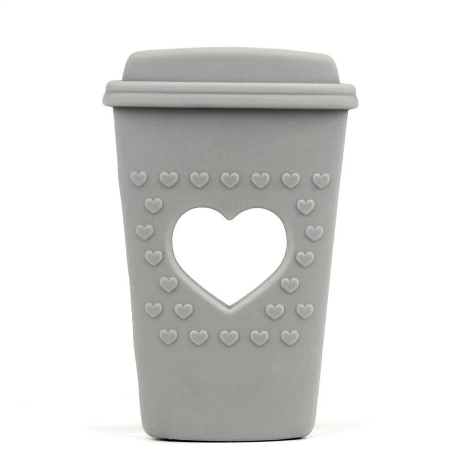 silcone teething and chew toy for babies, grey heart coffee cup