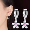 Silver Huggies Flower Earrings, 925 Sterling Silver Dangle Flower with Pink Rhinestone in the Center