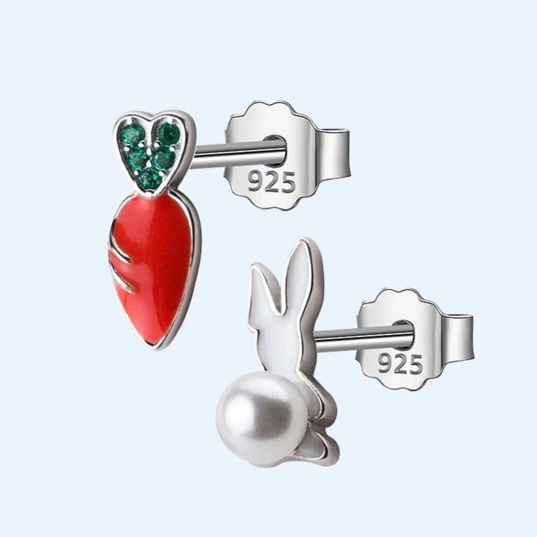 925 Sterling Silver Kids Pierced Earrings, Carrot and Bunny Pearl Stud Earrings