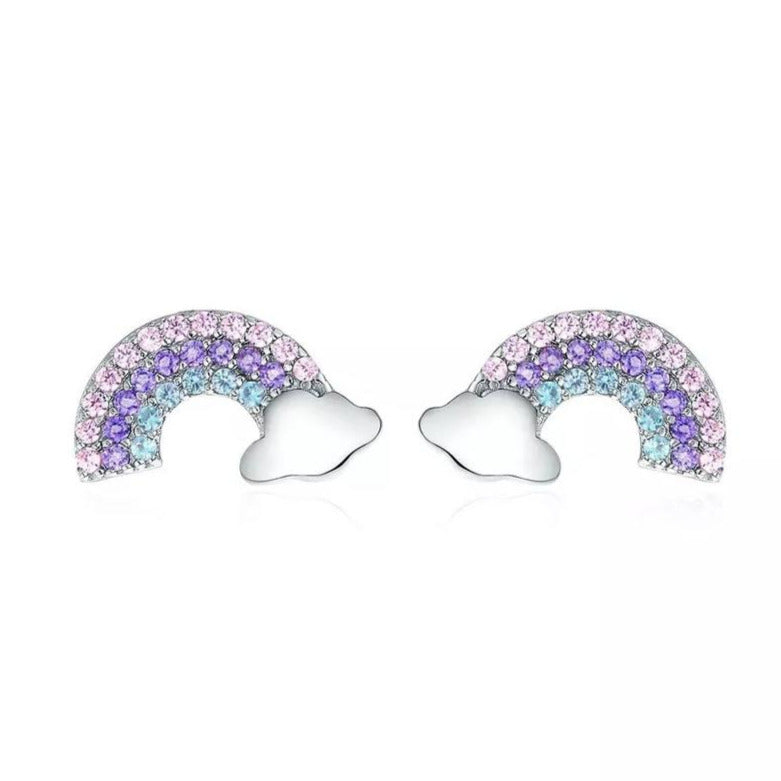 925 Sterling Silver Kids Pierced Earrings, Lavender Gem Rainbow Stud Earrings with Clouds