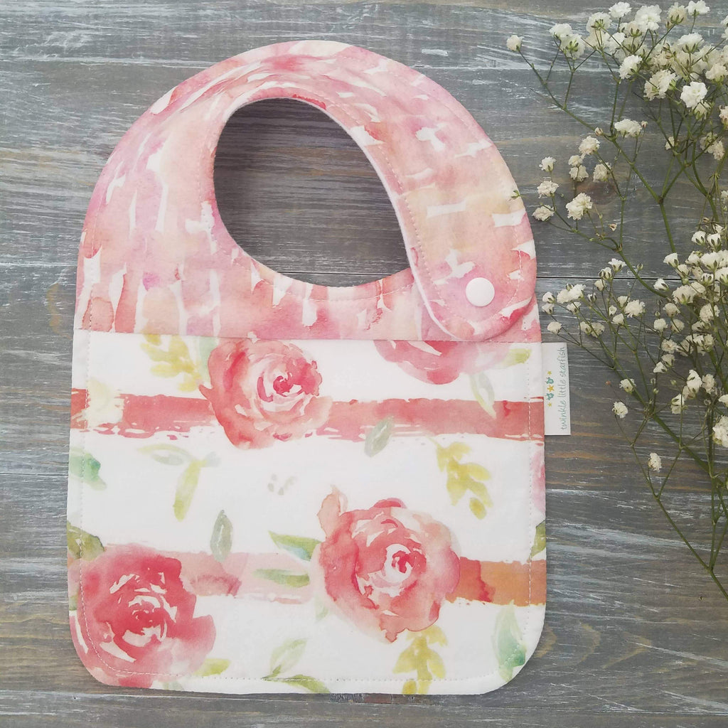 Handmade cotton flannel side snap bib, country rose, watercolor drool catcher