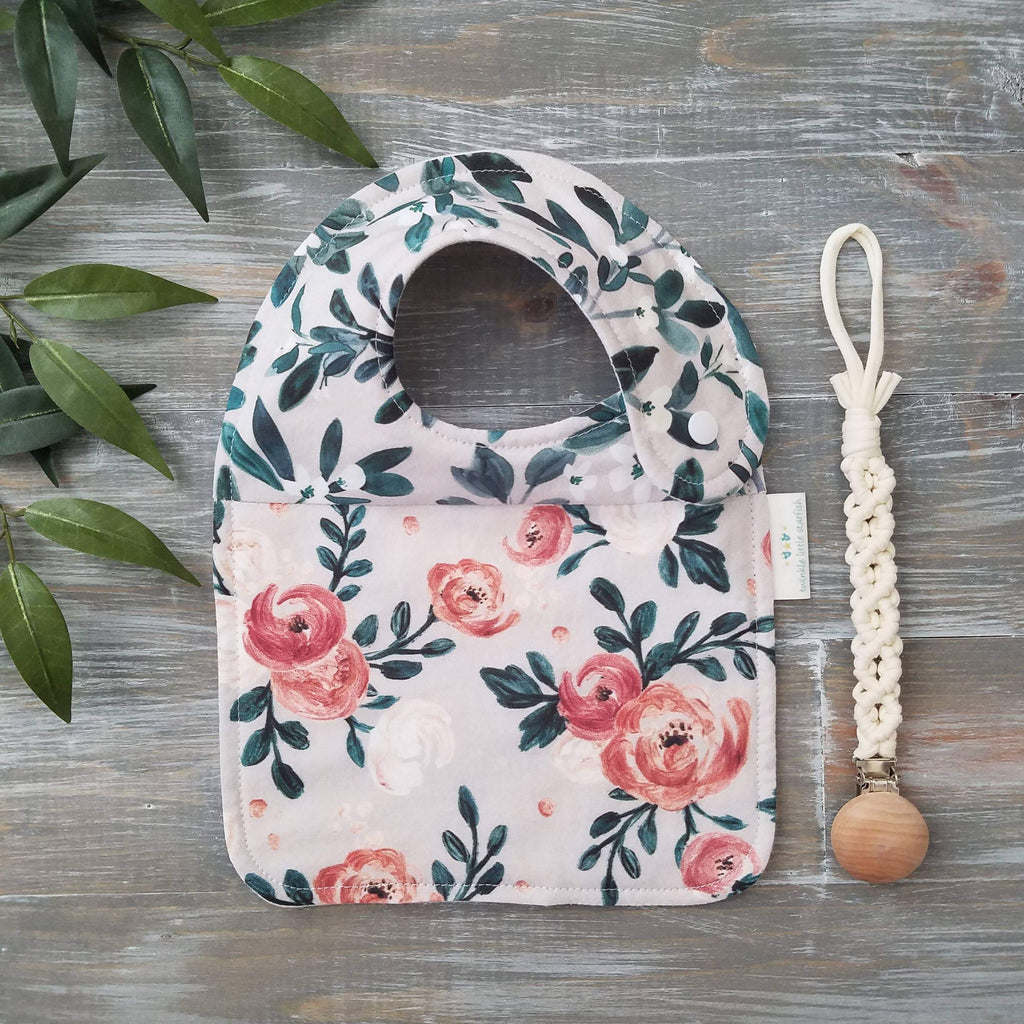 Twinkle Starfish Handmade Soft Cotton Flannel Side Snap Bib, Summer Garden Rose