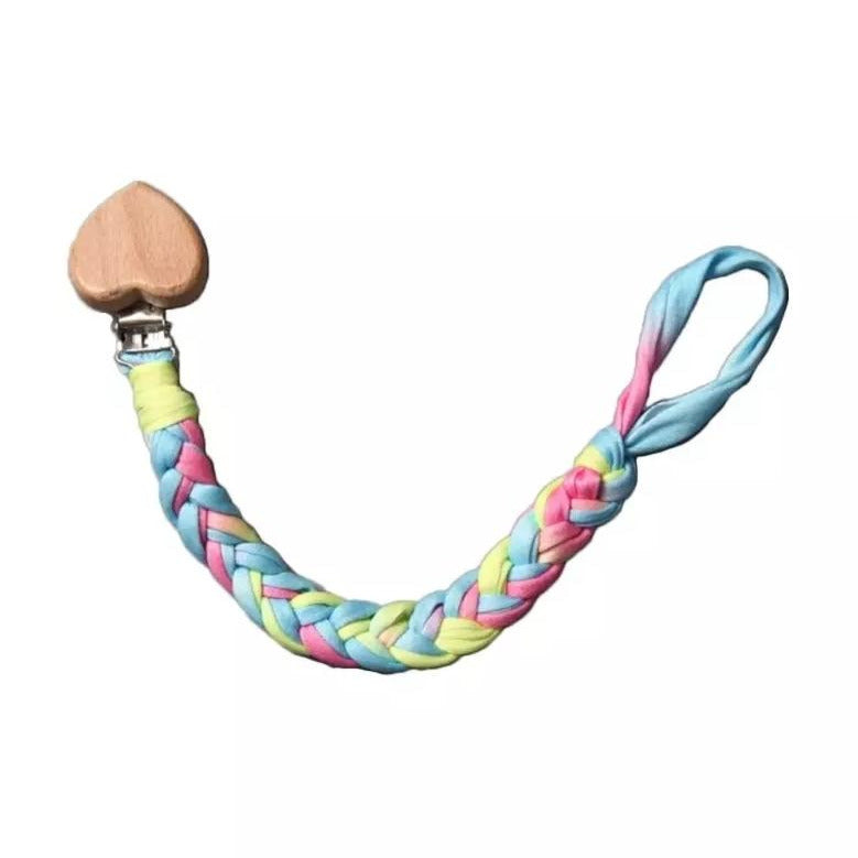 Handmade Braided Crochet Rainbow Universal Teether Pacifier Clip, Natural Beech Wood Clip, Stretchy Loop