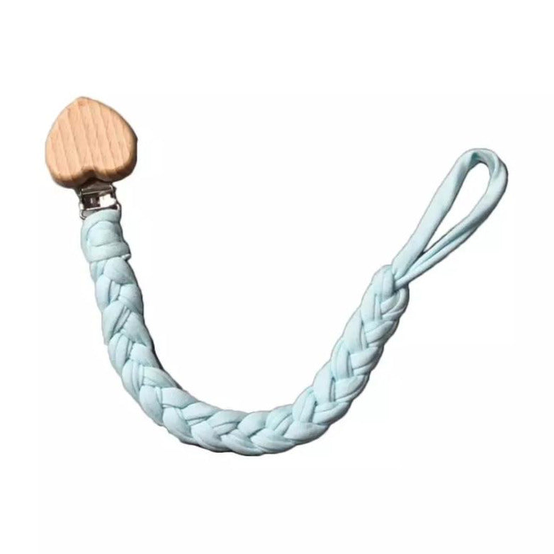 Handmade Braided Crochet Blue Universal Teether Pacifier Clip, Natural Beech Wood Clip, Stretchy Loop