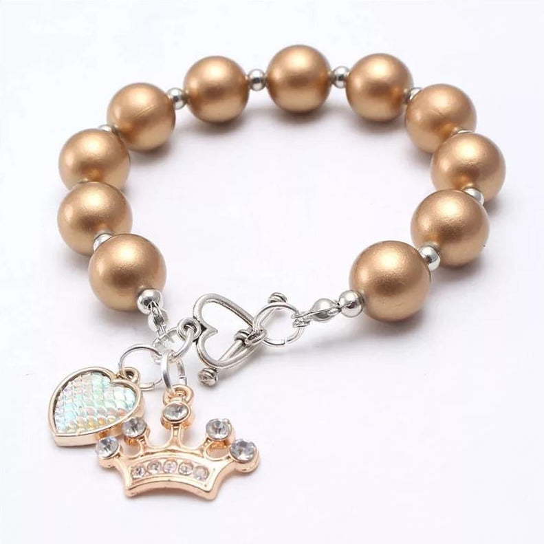 Pearlized Bead Charm Bracelet, Gold Beaded Bracelet, Gold Crown and Hear Charms, Silver Chain