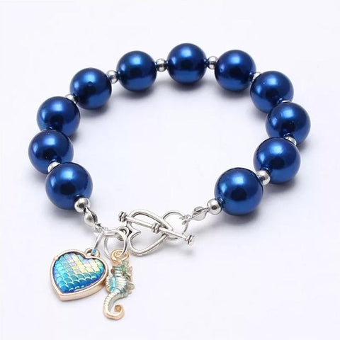 Pearlized Charm Bead Bracelets, Royal Blue Seahorse and Mermaid Heart
