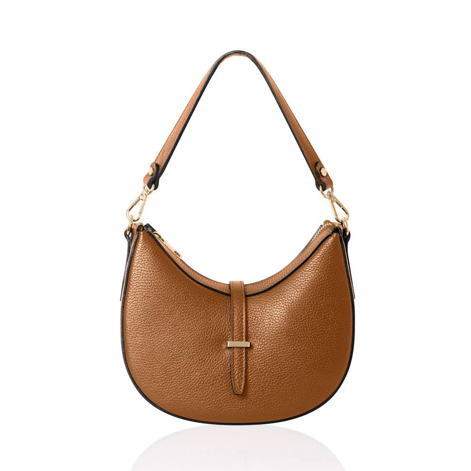 Genuine Italian Handcrafted Leather Crescent Shoulder Bag-Two Straps: Dark Tan