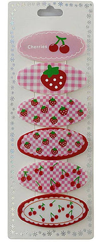 Strawberries and Cherries Set of Snap Clip Hair Clips, 6 PC Set, Pink/Red/White