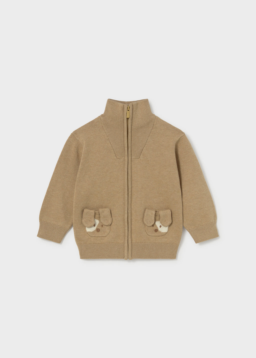Mayoral 2381 toddler cookie knit zip-up jacket with puppy pockets - front