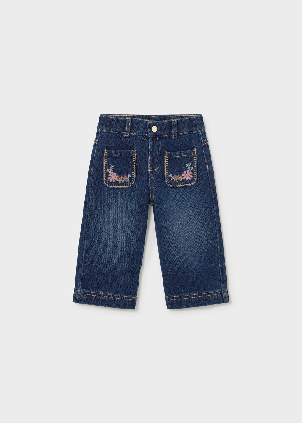 Mayoral 2554 toddler girl dark denim wide leg pants with embroidered pockets - front