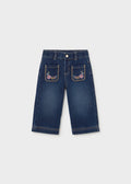 Mayoral 2554 toddler girl dark denim wide leg pants with embroidered pockets - front