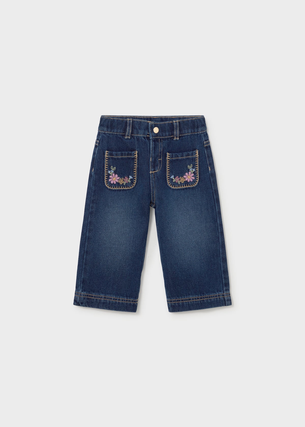 Mayoral 2554 toddler girl dark denim wide leg pants with embroidered pockets - front