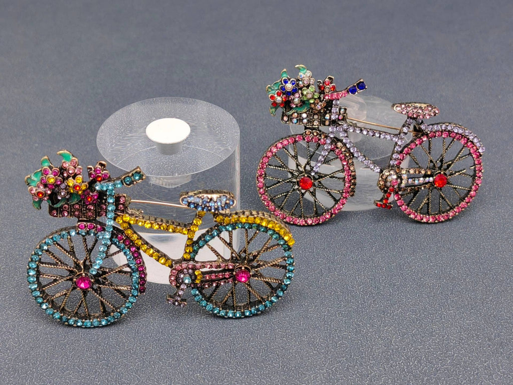Rhinestone Multi-Color Whimsical Bicycle Brooch: Pink