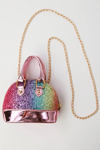 Mini Handbag Purse w/Crossbody Adjustable Chain, Rainbow Ombre Glitter