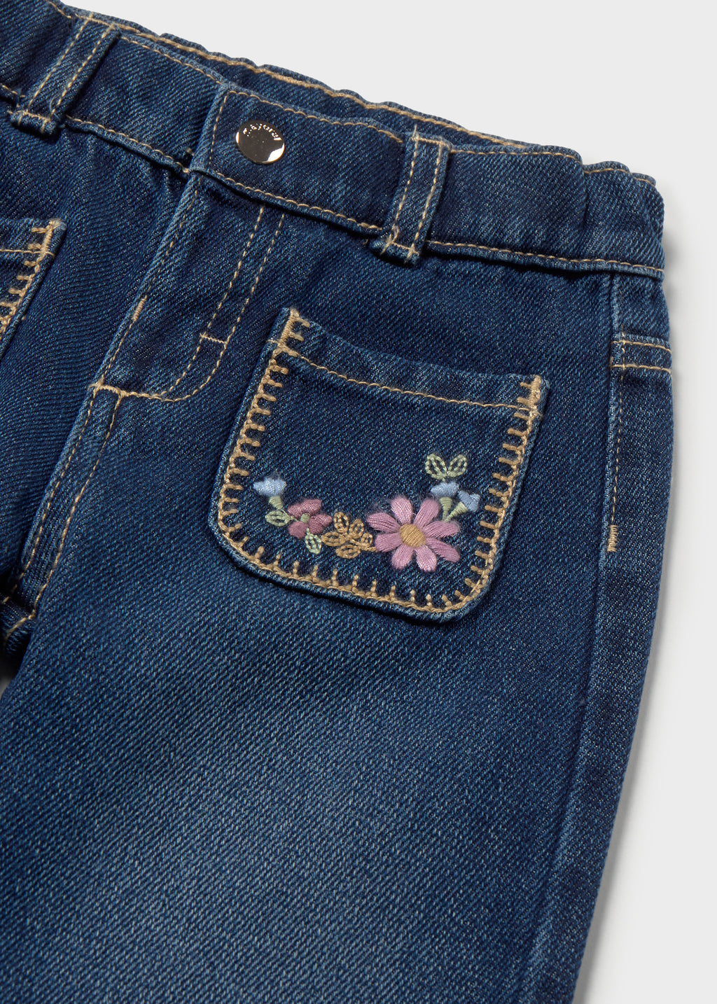 Mayoral 2554 toddler girl dark denim wide leg pants with embroidered pockets - detail