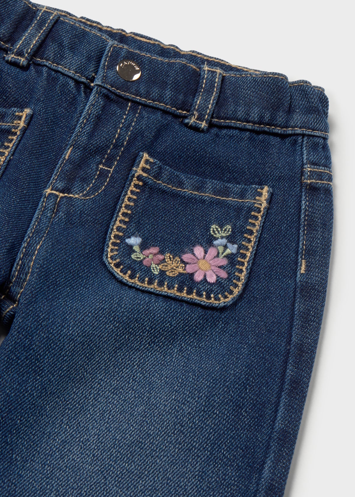 Mayoral 2554 toddler girl dark denim wide leg pants with embroidered pockets - detail