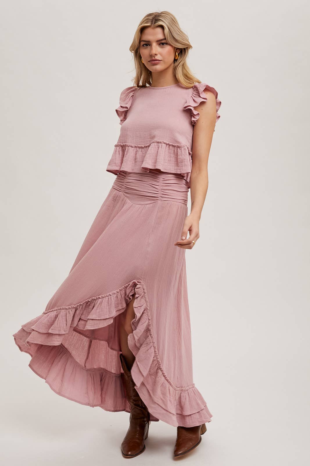 Women's Ruffled Semi Cropped Top - Petal Rose Pink