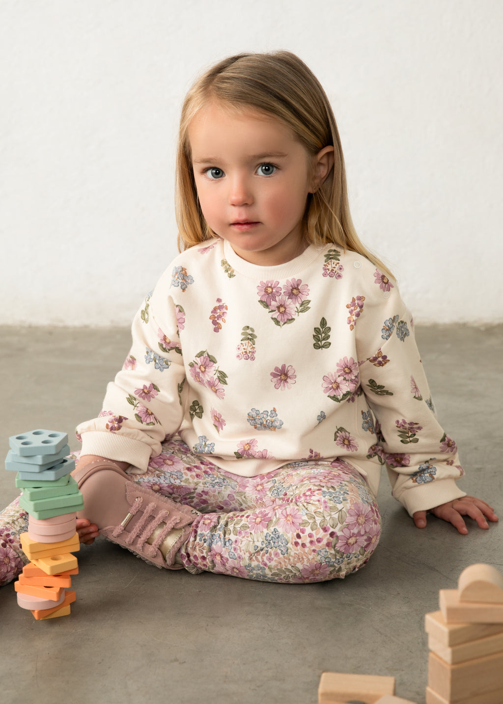 Mayoral 2433 toddler girl natural floral crewneck sweatshirt - on model