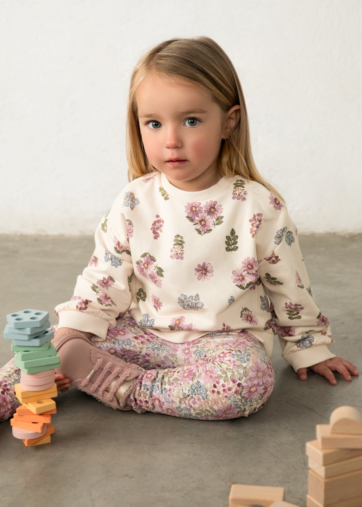 Mayoral 2433 toddler girl natural floral crewneck sweatshirt - on model