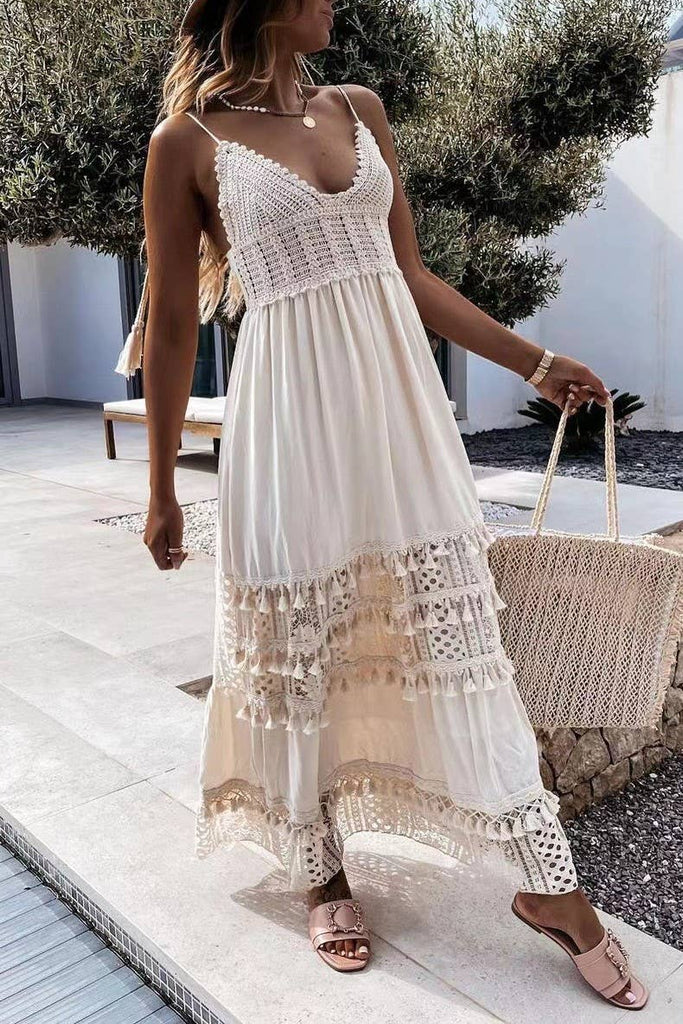Women's Crochet and Lace Detail Tassel Tie Maxi Dress - Natural Shell