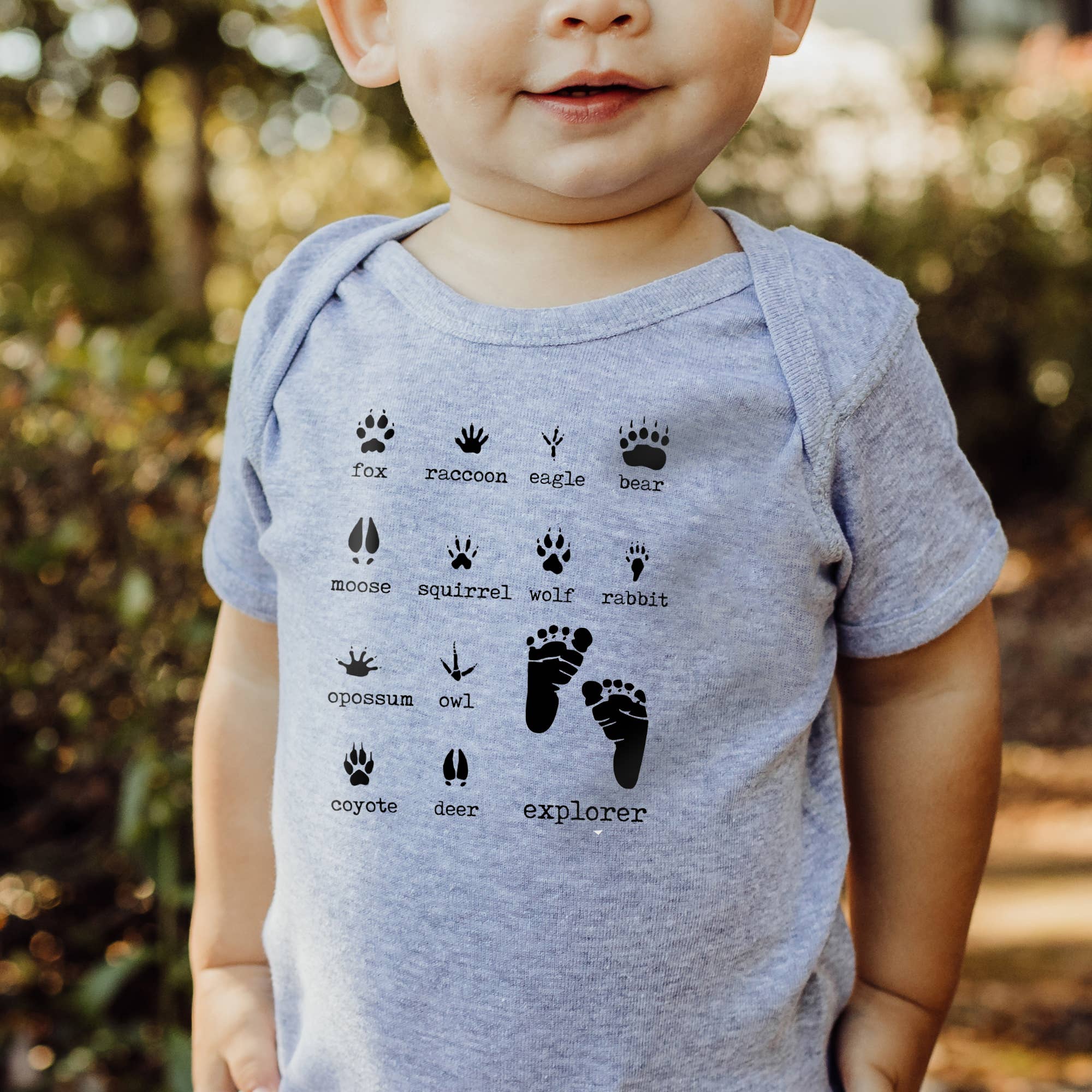 Barefoot S/S Snap Bodysuit, UNISEX, Heather Grey, Woodland Animal Footprints