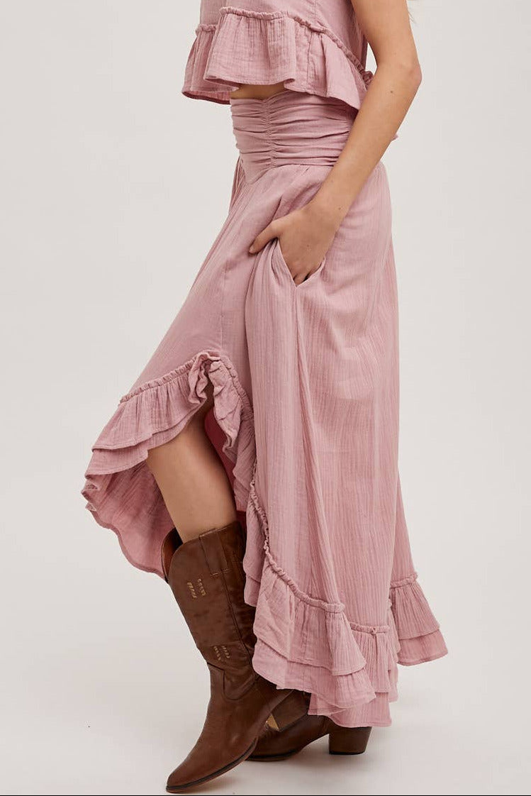 Women's Side Slit Ruffled Midi Skirt with Hidden Side Pockets - Petal Rose Pink