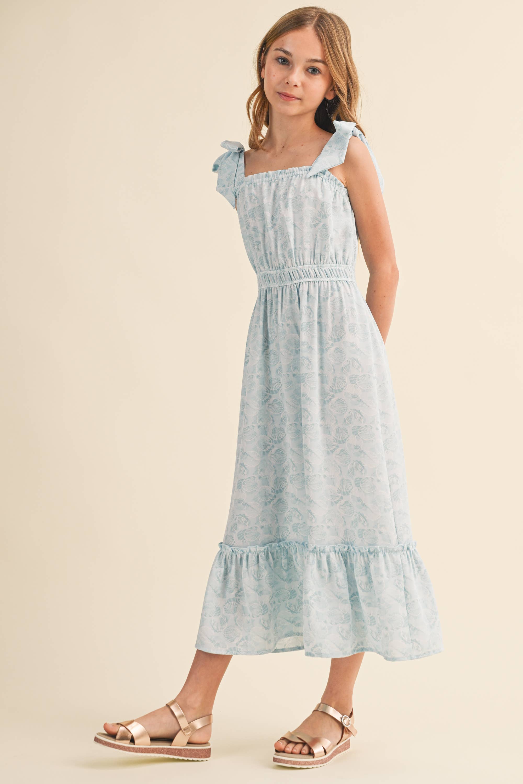 Tween and Teen Girls Maxi Sundress - Juliette Blue Ocean Sea Shells