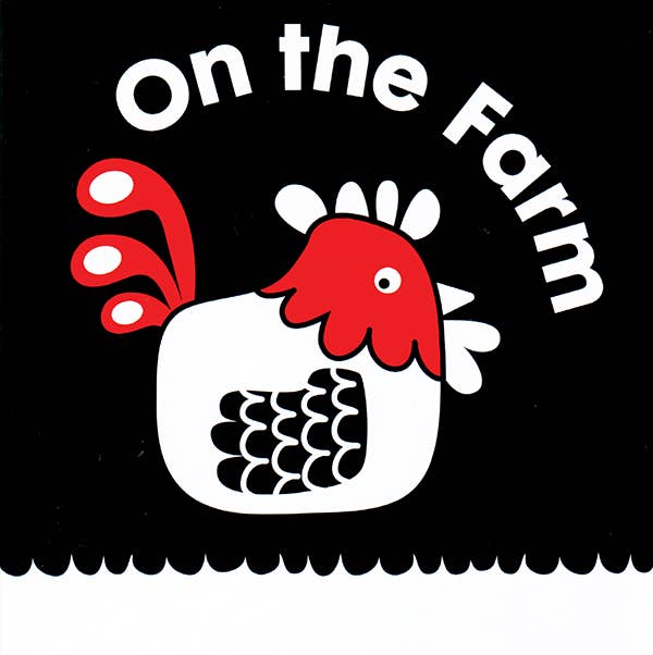 First Focus Frieze On the Farm baby book cover with a black and white rooster