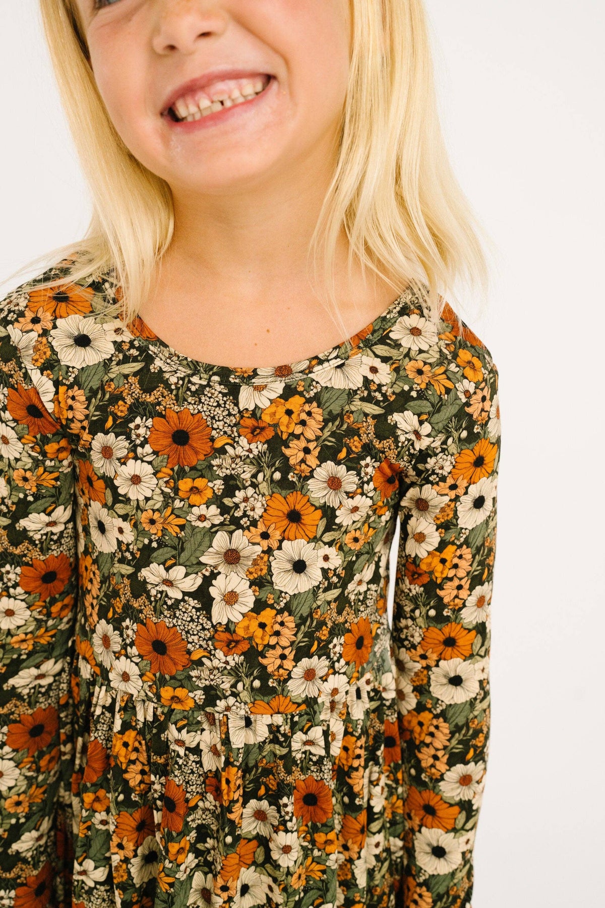 Bamboo L/S Twirl Dress - Green & Burnt Orange, Rustic Blooms