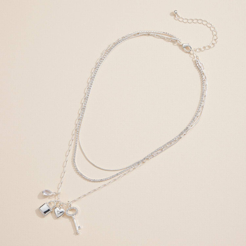 Layered Necklace with Lock, Key & Heart Charms: Silver / One / 4SN11049