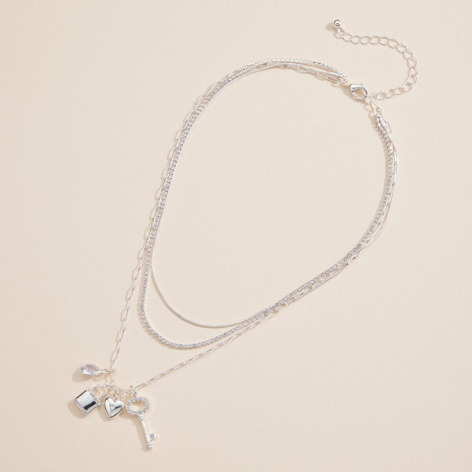 Layered Necklace with Lock, Key & Heart Charms: Gold / One / 4SN11049