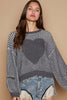 POL Round Neck Heart Patch Zipper Point Sleeve Sweater, Charcoal