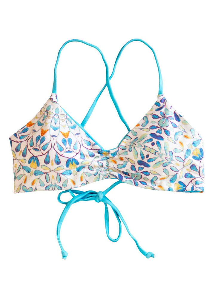 Tween/Teen Reversible Eco-friendly Sustainable Swim Bralette Top - Santorini Blue Tile/Mediterranean Blue