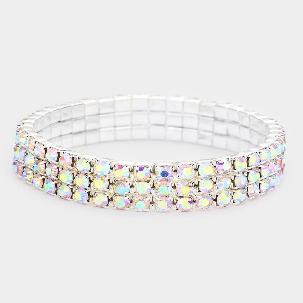 Rhinestone Stretch Bracelet - 3 Rows AB Crystal, 5Y-Adult