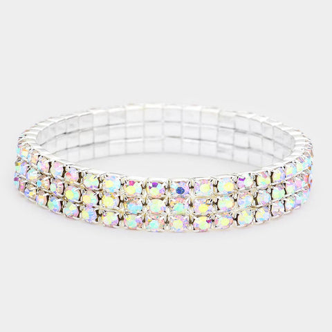 Rhinestone Stretch Bracelet - 3 Rows AB Crystal, 5Y-Adult