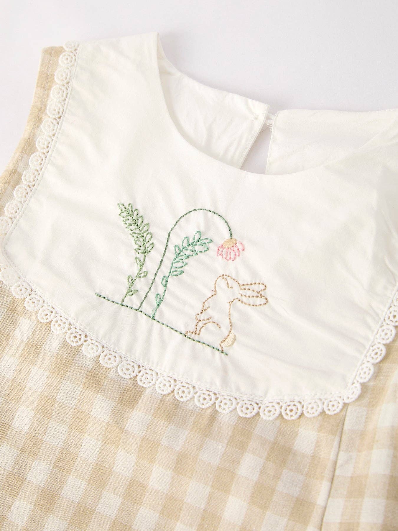 Sleeveless Embroidered Bunny Bib Flare Dress - Natural Gingham