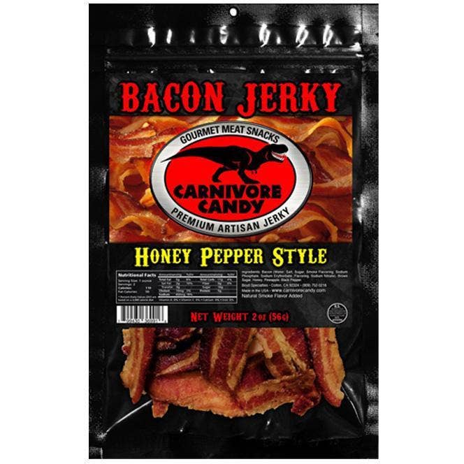 SNACKS: Carnivore Candy Honey Pepper Bacon Jerky 2 OZ