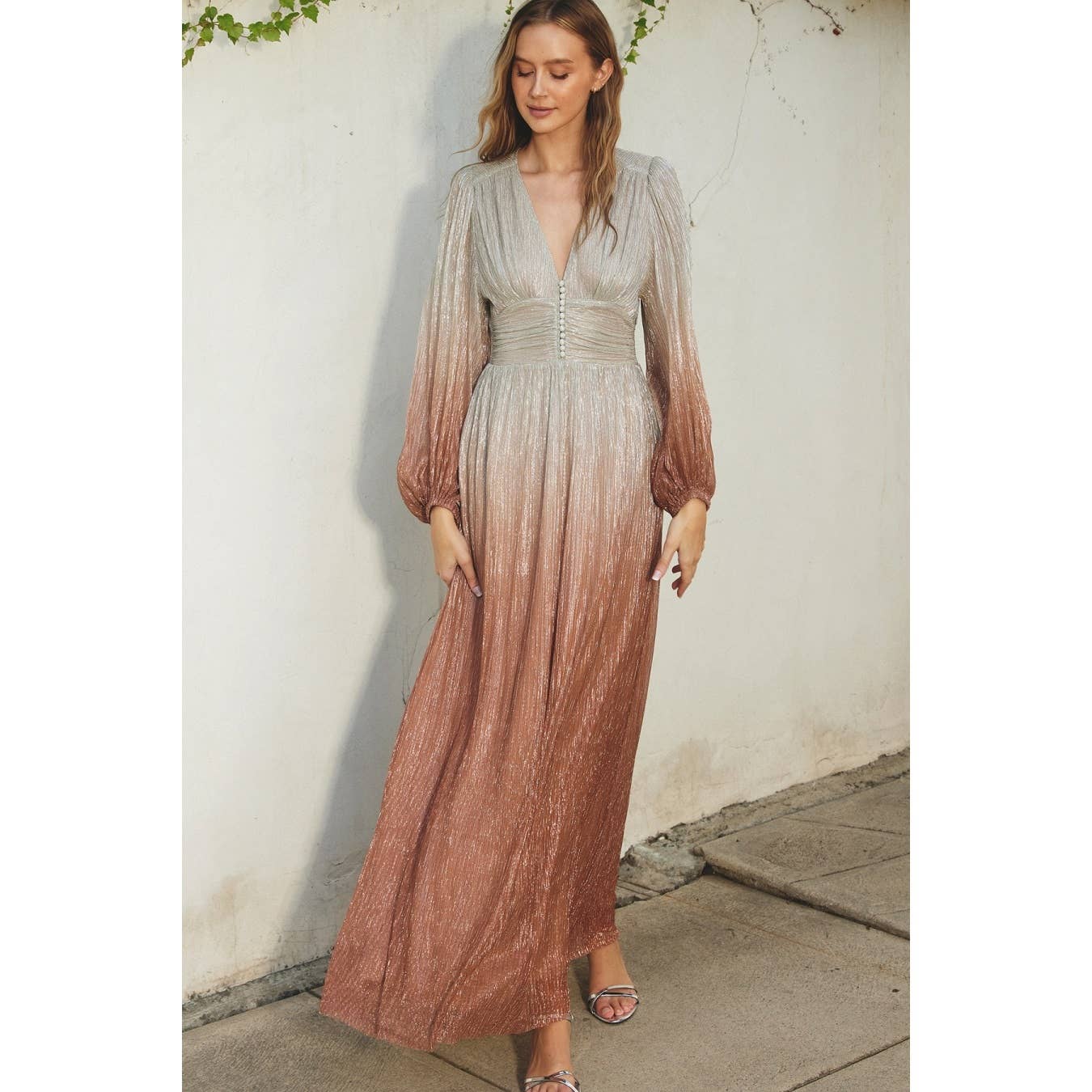 Women's Party Gown, Ruched Waist Maxi Dress - Starlight Bronze Ombre Medium (6-8) Women's Party Gown, Ruched Waist Maxi Dress - Starlight Bronze Ombre Medium (6-8)