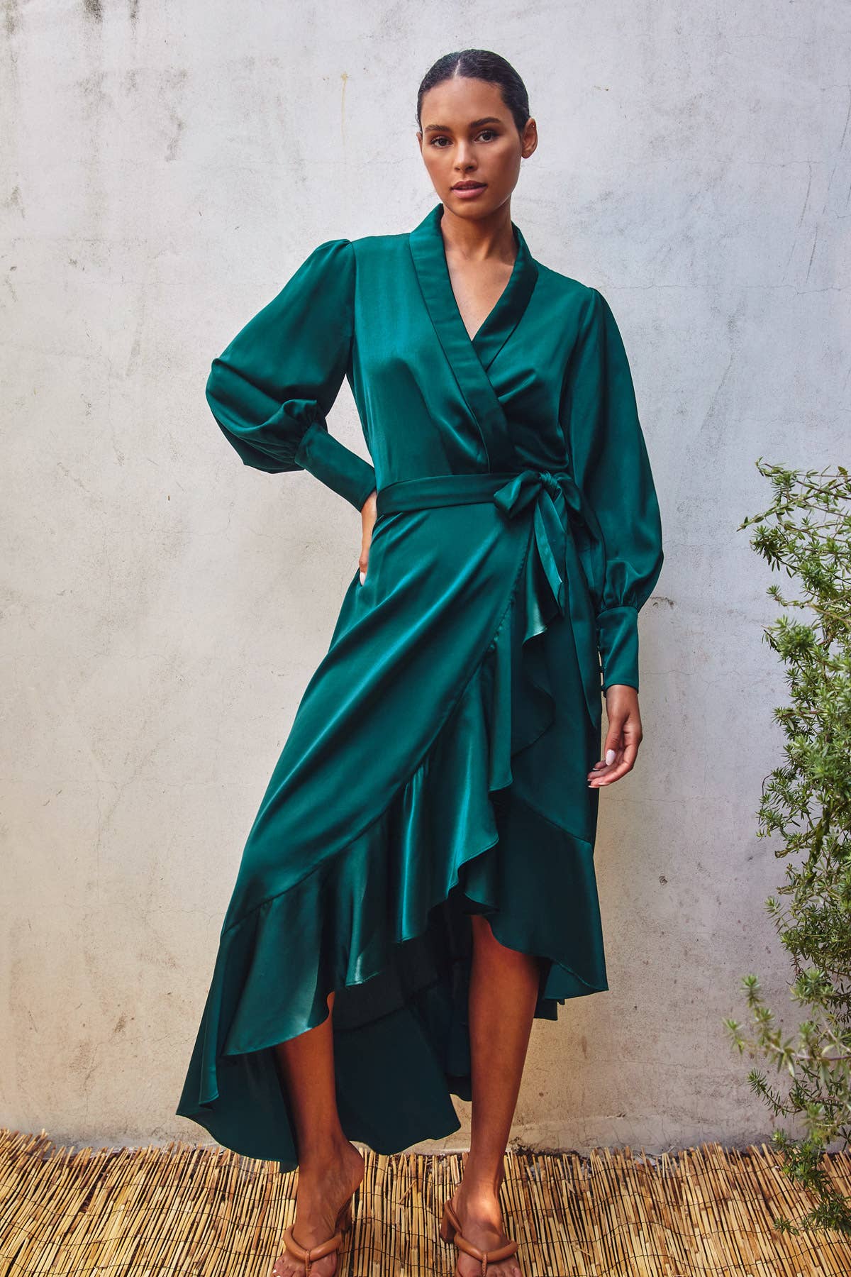 Satin Ruffled Midi Wrap Dress - Jewel Tone Emerald M (6-8) Satin Ruffled Midi Wrap Dress - Jewel Tone Emerald M (6-8)
