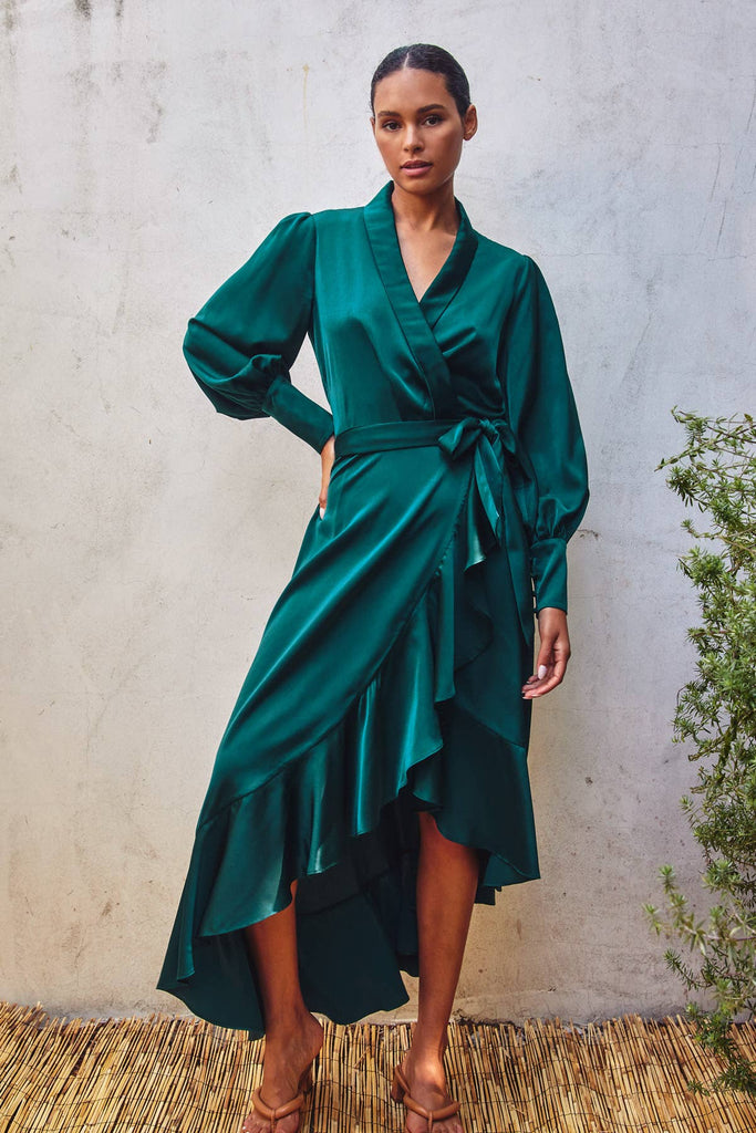 Satin Ruffled Midi Wrap Dress - Jewel Tone Emerald