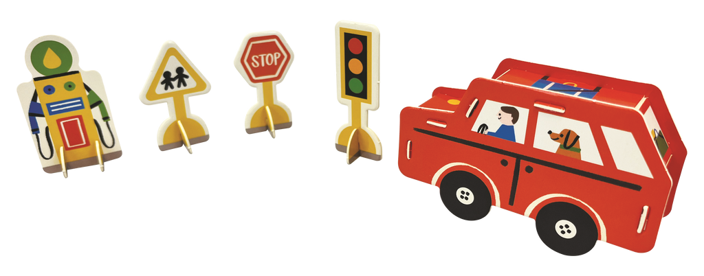 Busy Town 3D Play Set, assembled traffic light, sign and red car figures