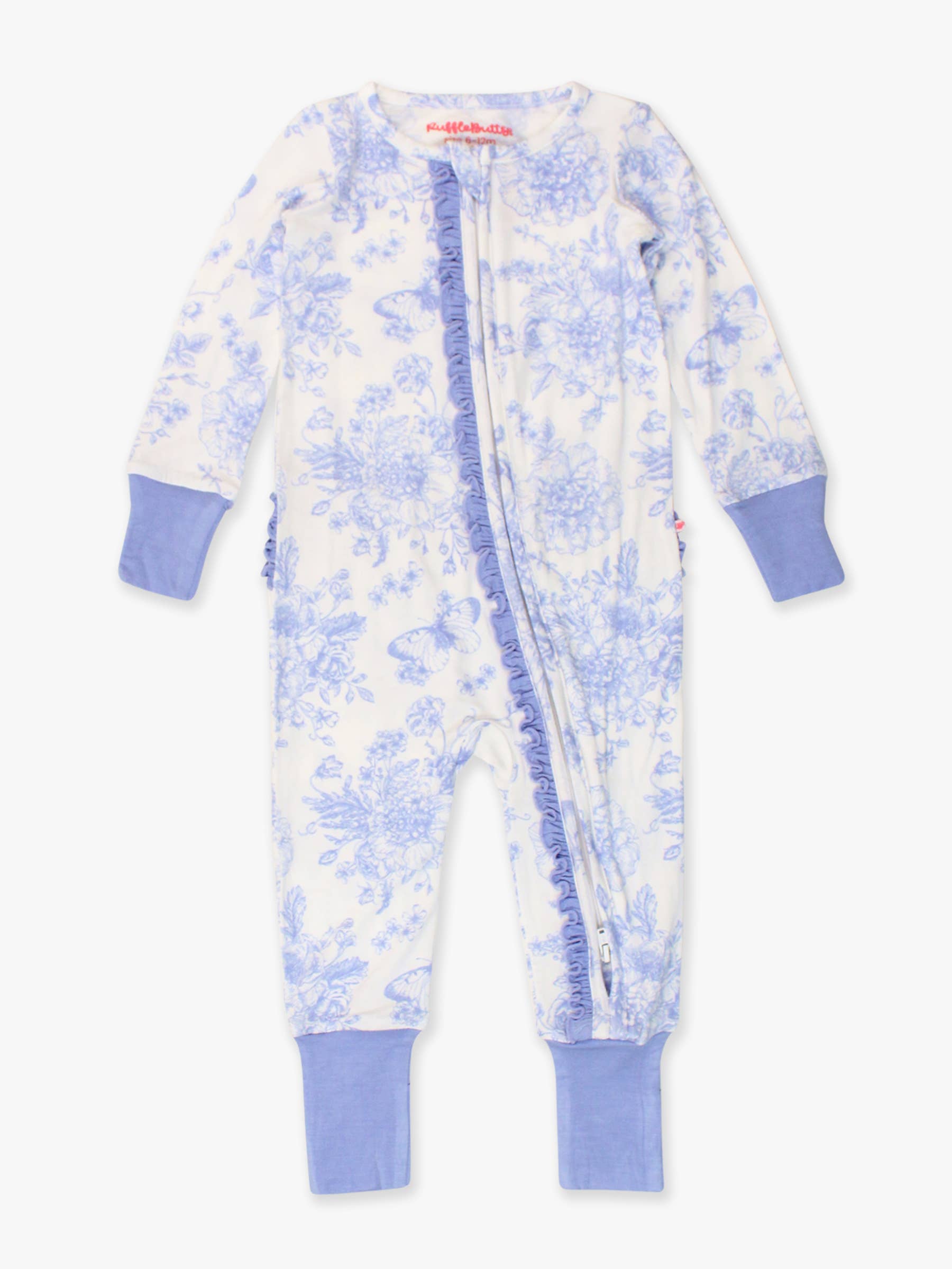 SoftSnooze™ Baby Girls Bamboo Convertible Ruffled Romper - Periwinkle Blue Butterfly Toile