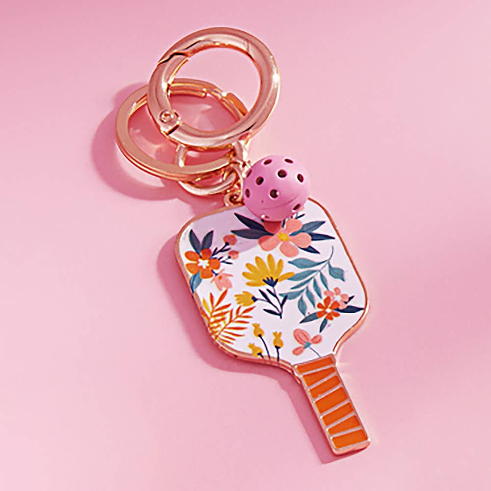 Pickleball Paddle Keychain Bag Charm: White Multi Colored Floral Enamel with Pickleball Charm