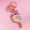 Pickleball Paddle Keychain Bag Charm: White Multi Colored Floral Enamel with Pickleball Charm
