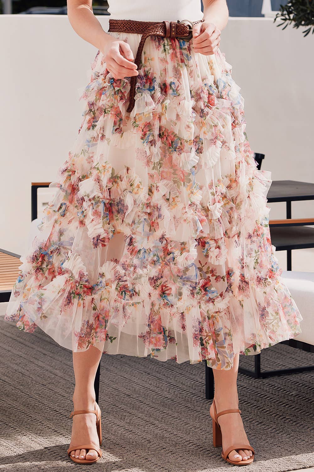 Women's/Junior Floral Ruffled Tulle Midi Length Skirt - Cream and Maroon