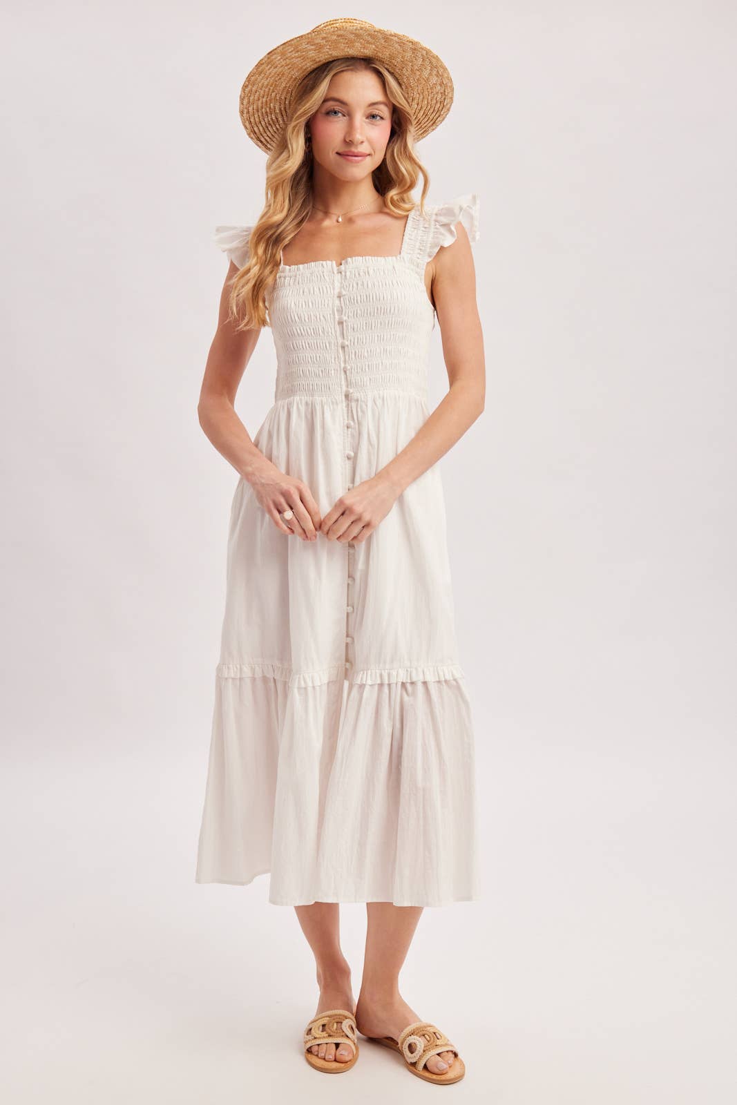 Women's Smocked Square Neck Midi Dress with Hidden Side Pockets - Soft White
